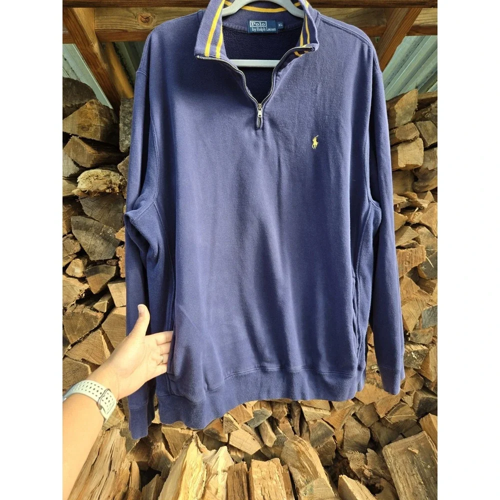 Vintage Polo Ralph Lauren Stripe Collar Quarter Zip Blue Jumper Sweater Men's XL